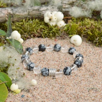 Bracelet flocon de neige en obsidienne et quartz clair