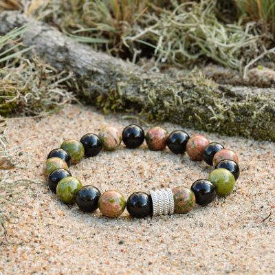 Bracelet en unakite et en obsidienne noire